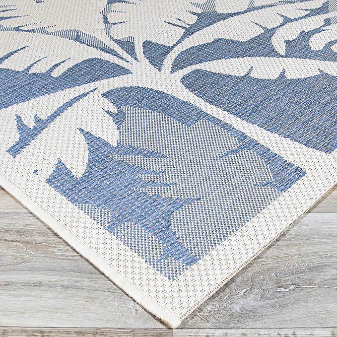 Couristan Monaco Indoor Outdoor Area Rug – Coastal Flora 8'6" x 13' in Ivory Sapphire – Flatwoven, Hose Washable, Pet Friendly Rug for Patio, Porch and Home Decor
