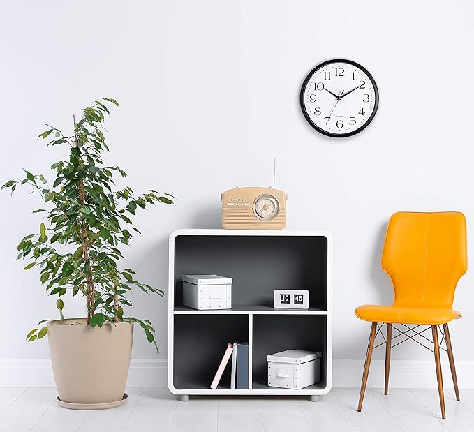 Bernhard Products Black Wall Clock Silent Non Ticking, 12 Inch Quality Quartz Battery Operated Round Easy to Read Home/Office/Kitchen/Classroom/School Clock Sweep Movement