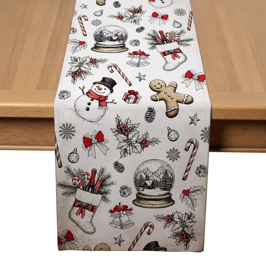 VIV CHERBL Christmas Table Runner with Snowmen, Gingerbread Men & Holiday Motifs, Table Decoration for Dining Party and Home Decor,72x13 inches
