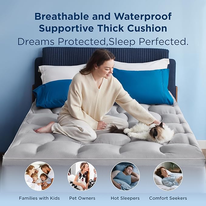 Bedsure Waterproof Mattress Topper Queen - Pillow Top Queen Mattress Protector with 8-21 Inches Deep Pocket, 800 GSM Extra Thick Bed Pad Fitted, Soft Bed Cover for Home, Bedroom, Hotel - Grey