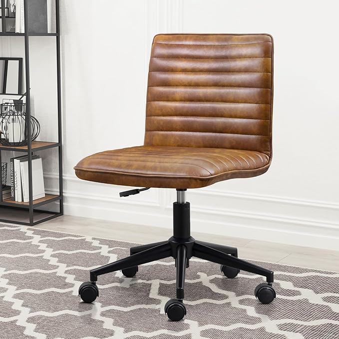 Furniliving Leather Office Chair with Wheels Armless Vanity Desk Chair 360° Swivel Computer Rolling Chair with Mid Back, Height Adjustable Accent Chairs with Gold Metal Base Stool, PU YellowBrown