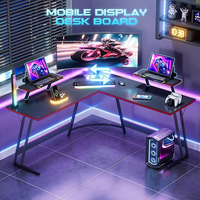 Homall L Shaped Gaming Desk Computer Corner Desk PC Gaming Desk Table with Large Monitor Riser Stand for Home Office Sturdy Writing Workstation (Black, 51 Inch)