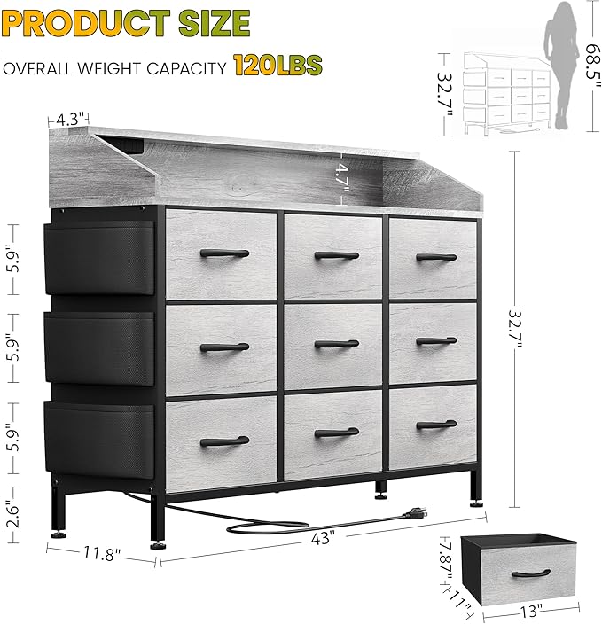 Lulive Dresser TV Stand for Bedroom with 9 Drawers - Chest of Drawers with LED Light & Charging Station - Living Room Hallway Closet Nursery (Grey)