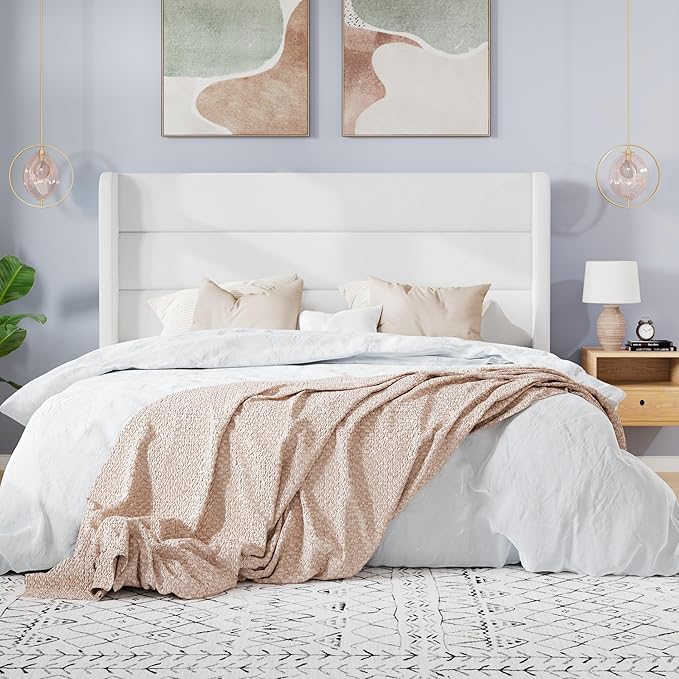 SHA CERLIN Queen Size Velvet Bed Frame/Vertical Channel Tufted Wingback Headboard/Upholstered Platform Bed with Wooden Slats/Mattress Foundation/No Box Spring Needed/Easy Assembly/White