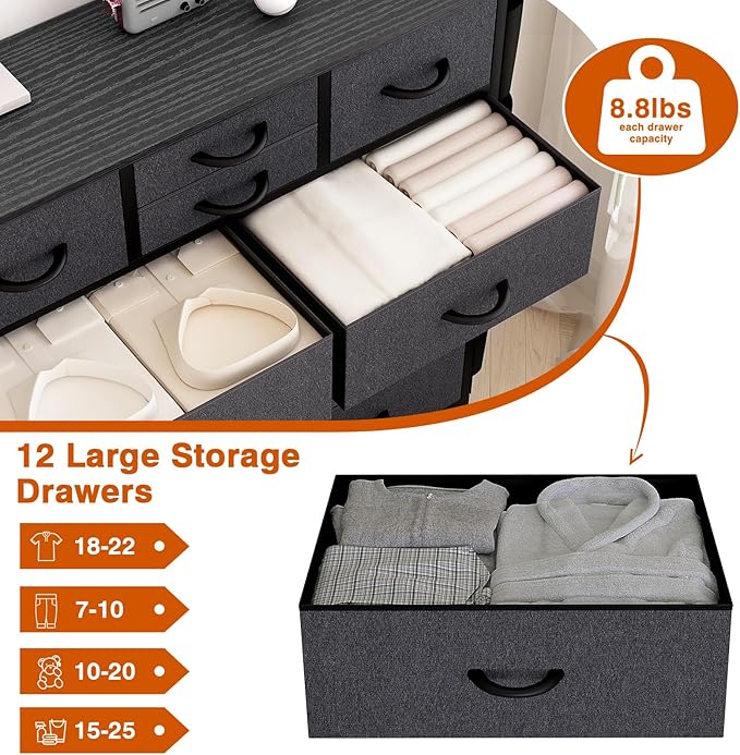Lulive Dresser for Bedroom with 12 Drawers, Tall Dresser Chest of Drawers with Side Pockets and Hooks, Fabric Dresser Storage Tower for Closet, Hallway, Living Room (Dark Grey)