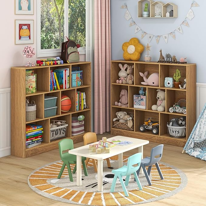 Costzon Wooden Toy Storage Organizer, 10-Cube Kids Bookshelf w/ 2 Anti-Toppling Kits, 3 Tier Open Shelves & Non-Slip Foot Pads, Book Shelf for Kids Rooms, Playroom, Classroom, Nursery (Natural)
