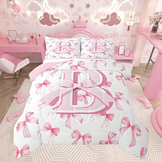 jejeloiu Kids Girls Cute Pink Bow Comforter Set Queen Size Personalized Initial B Bedding Set Ultra Soft Monogrammed Duvet Quilt Coquette Bow Knot Quilt Set Room Decor Modern Fashion Comforter