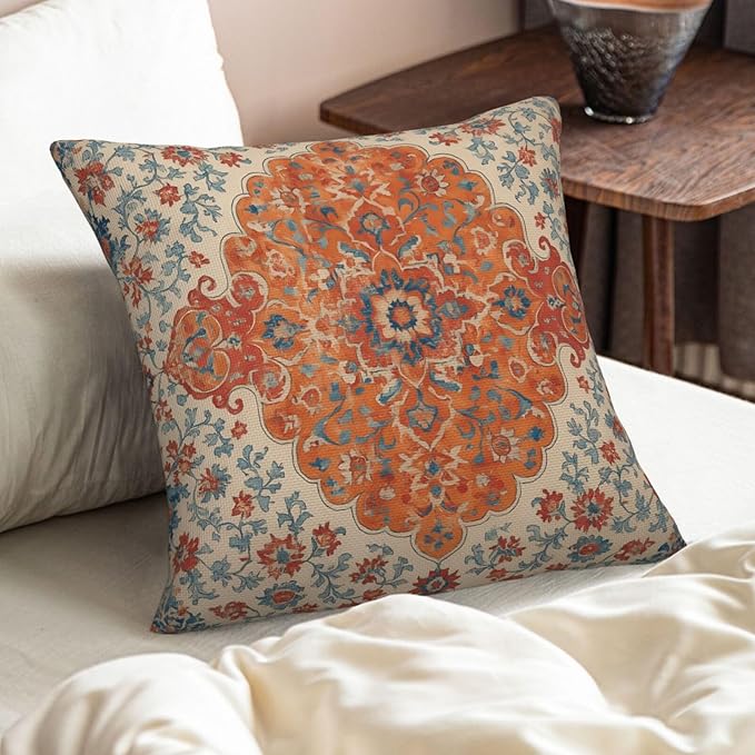 Burnt Orange Blue Boho Pillow Covers 18x18 Inch Set of 2, Vintage Ethnic Carpet Rust Floral Decorative Throw Pillow Cases Fall Outdoor Rustic Cushion Covers Home Decor for Living Room Sofa Couch Bed