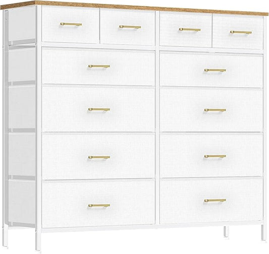 White Dresser for Bedroom with 12 Deep Drawers, Wide Chest of Drawers, 55" TV Stand with Retro Wood Top, Tall Fabric Dresser for Closet, Nursery