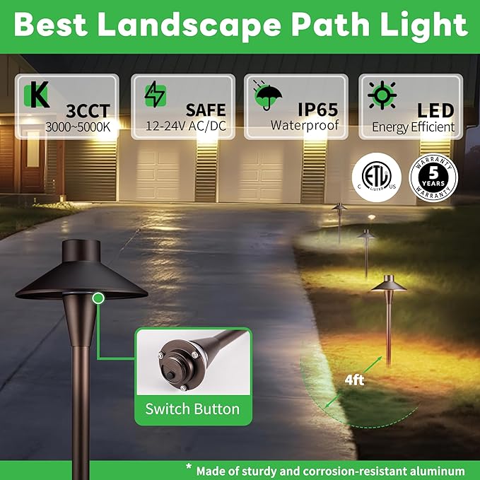 Low Voltage Pathway Lights, 3CCT LED Landscape Path Lights, Outdoor Waterproof IP65, Wired ORB Aluminum 5W 150LM for Sidewalk Step 4 Pack