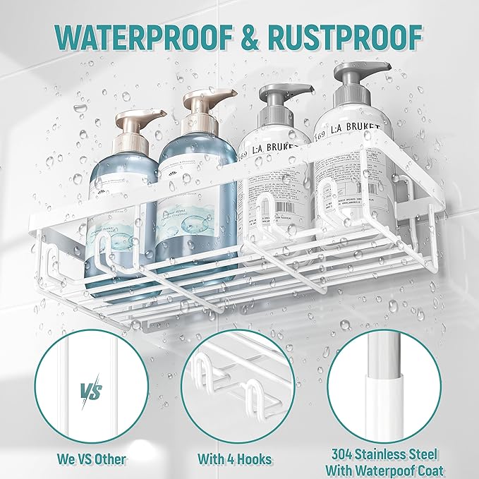 5 Pack Shower Caddy Organizer Rack Shelf for Inside Shower, Self Adhesive Wall Storage Basket Rustproof Stainless Steel Shampoo Holder Bathroom Accessory Decor Set, White