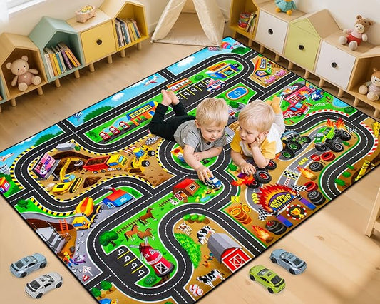 Kids Rug, 4x6 Ft Non-Slip Monster Truck Play Rug, Extra Thick (0.4in), Educational LearningTraffic Road Car Carpet for Nursery, Classroom, Playroom & Bedroom