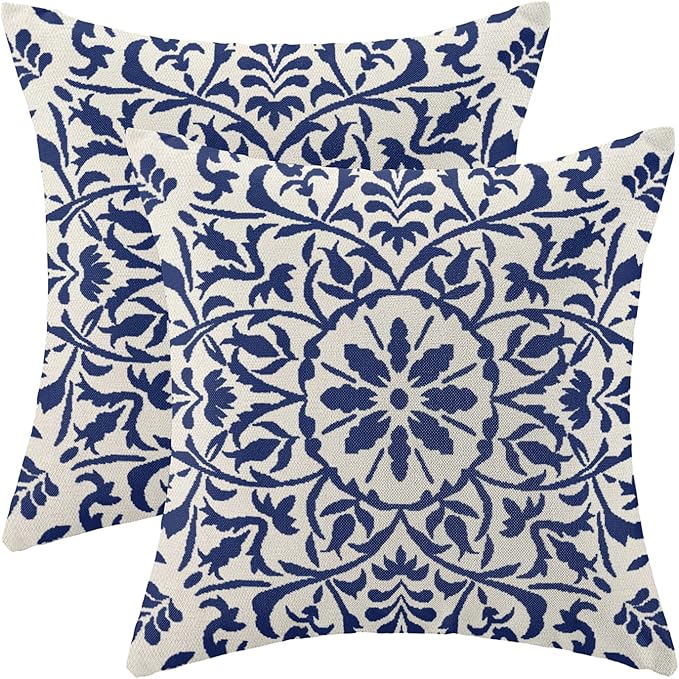 Navy Blue Boho Pillow Covers 24x24 Set of 2, Bohemian Ethnic Carpet Pattern Design Decorative Throw Pillows Linen Blue Print Farmhouse Cushion Pillow Covers for Sofa Couch Outdoor Decor