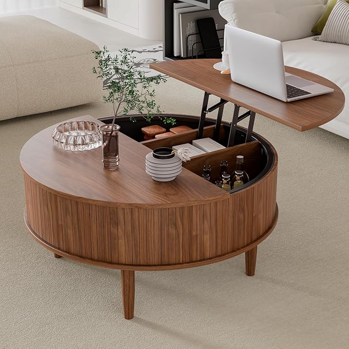 Round Fluted Lift Top Coffee Table with Storage, Mid Century Modern Coffee Table for Living Room, Home Small Space,31.5" Fluted Center Table (Brown, 31.5inch)