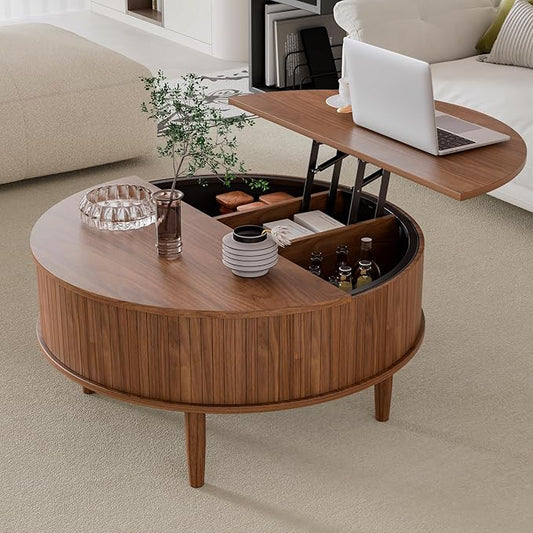 Round Fluted Lift Top Coffee Table with Storage, Mid Century Modern Coffee Table for Living Room, Home Small Space,31.5" Fluted Center Table (Brown, 31.5inch)