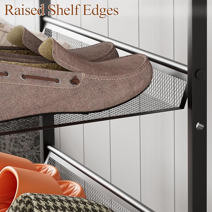 Garden 4 you 5 Tiers Narrow Shoe Rack,Small Space Freestanding Shoe Storage Organizer with Brown Wooden Tabletop,Adjustable Metal Shelf Stackable Shoe Shelf for Entryway Hallway Living Room Closet