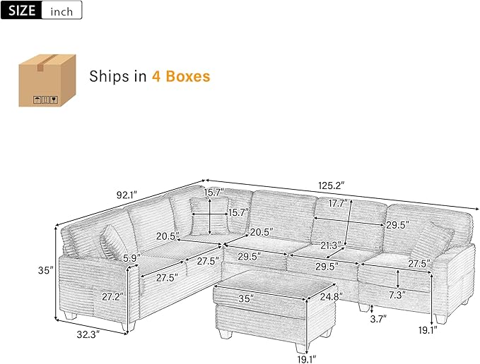 125.2" Sectional Sofa U-Shaped Upholstered Sofa L-Shaped Couch with a Movable Ottoman and Side Storage Pockets for Living Room, Green