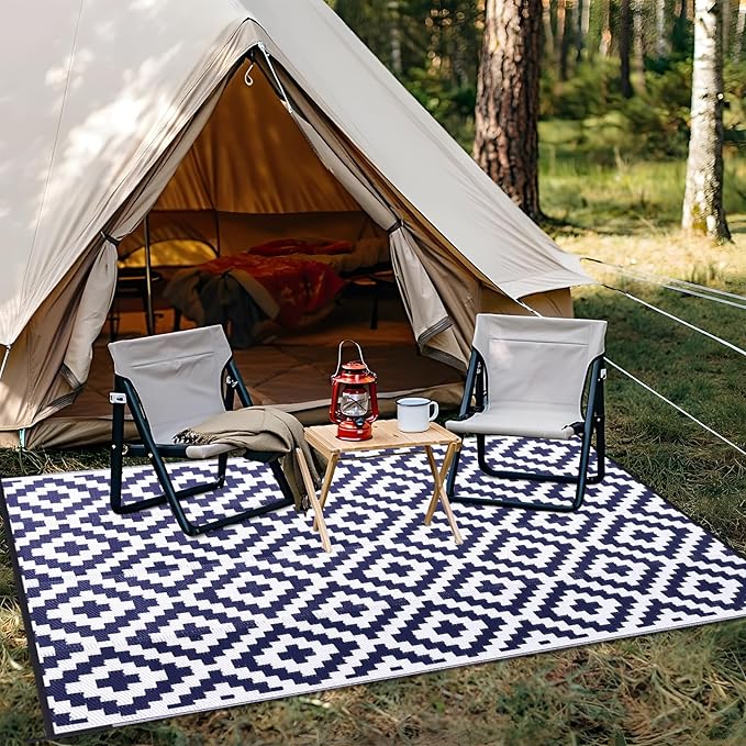 OLANLY Waterproof Outdoor Rug 8x10 ft, Outdoor Plastic Straw Rug for Camping, RV Mat Outside, Indoor Outdoor Carpet for Porch, Deck, Backyard, Balcony, Picnic, Navy & White
