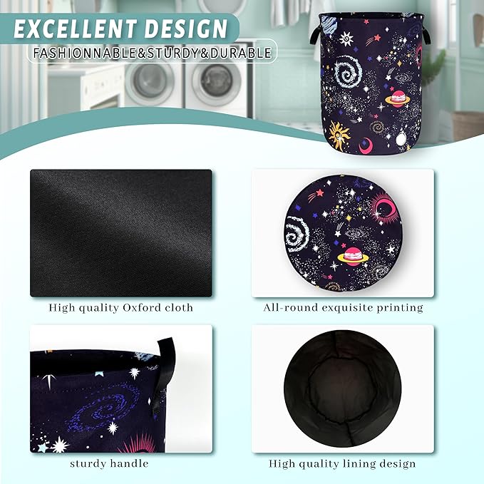 Colorful Galaxy Planet Laundry Basket Foldable Oxford Cloth Starry Sky Laundry Hamper With Handle Portable Clothes Storage Basket 18.9 X 16.5 Inch Storage Bag For Laundry Room/Bathroom/Bedroom