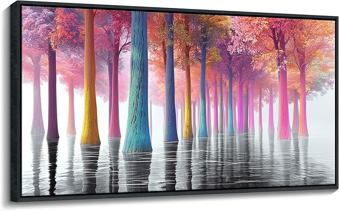 JEAWA Framed Wall Art Canvas - Black and White Lake Landscape Wall Pictures Large Colorful Tree Paintings Artwork Ready to Hang Living Room Bedroom Kitchen Home Office Forest Decor 24x48 IN