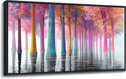 JEAWA Framed Wall Art Canvas - Black and White Lake Landscape Wall Pictures Large Colorful Tree Paintings Artwork Ready to Hang Living Room Bedroom Kitchen Home Office Forest Decor 24x48 IN