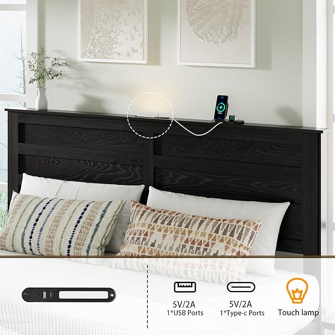Full Size Bed Frame with Wood Headboard, Wooden Platform Bedframe with Sliding Barn Door Footboard and Charging Station Easy Assembly, No Box Spring Needed (Black, Full)