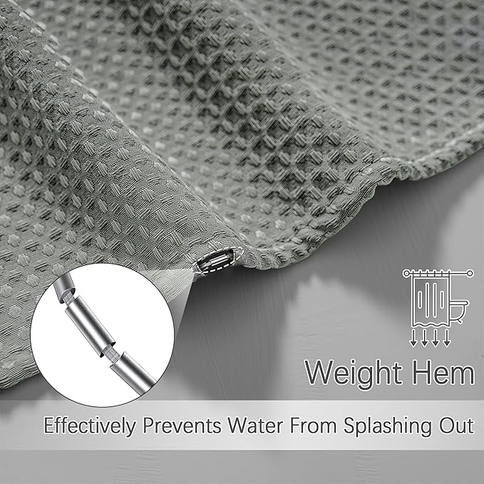 Grey Shower Curtain Waffle Weave Textured Fabric Heavy Duty for Bathroom, Waterproof 256GSM Weighted Hotel Quality Luxury Bath Curtain Set with 12 Hooks, 72Wx72H Gray