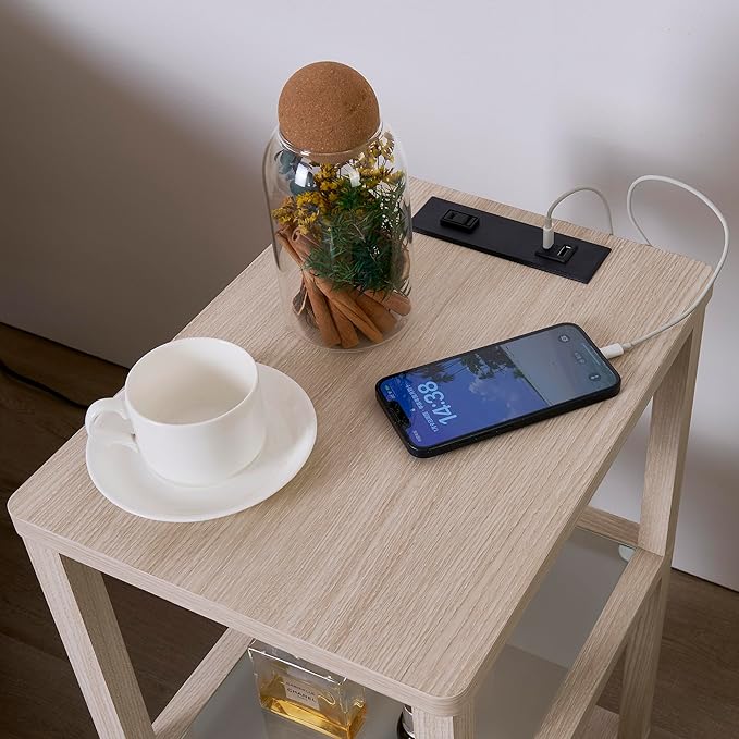 FENLO Nightstand with Charging Station, Small End Table with Charging, Side Table with Storage – Minimalist Nightstand for Bedroom, Living Room, or Small Spaces Flare