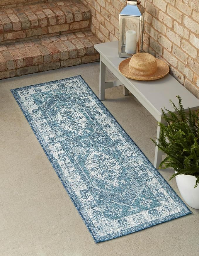 Unique Loom Outdoor Traditional Collection Area Rug - Valeria (2' 7" x 12' Runner, Blue/ Ivory)