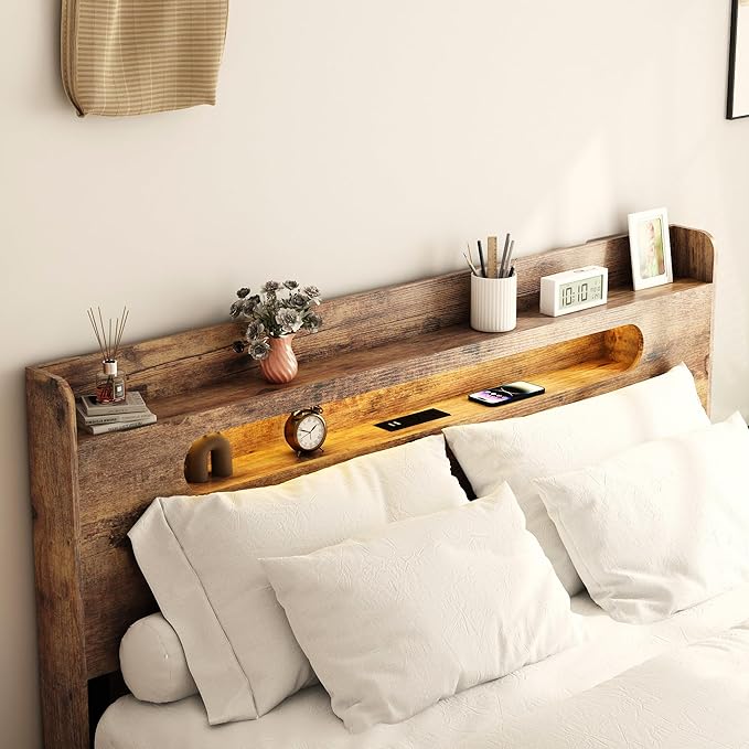 Wooden King Size Bed Frame with Storage Headboard, Farmhouse Platform Bedframe with Charging Station & Led Lights, Sturdy Wood Slat Framework, Easy Assembly (Rustic Brown Led)
