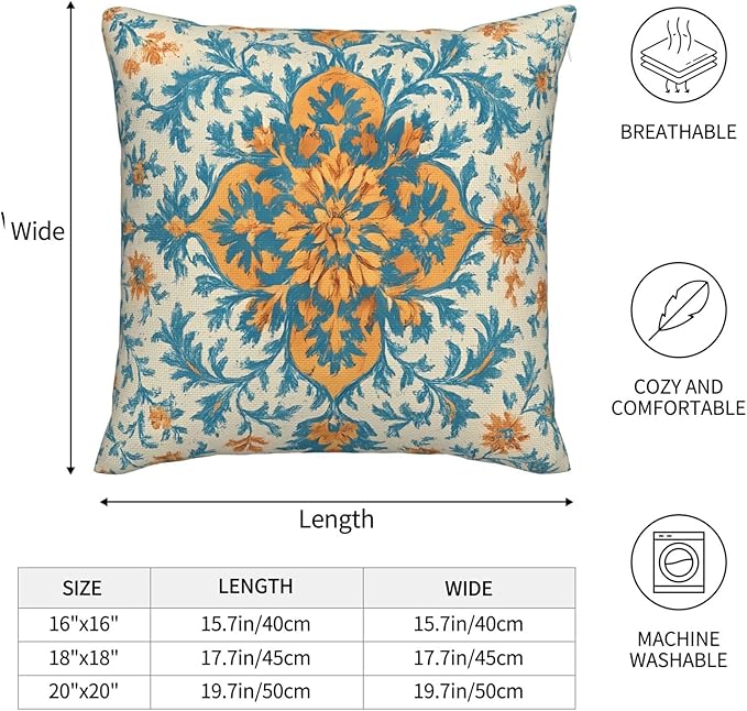 Blue Orange Boho Pillow Covers 20x20 Inch Set of 2 Ethnic Carpet Pattern Floral Outdoor Decorative Throw Pillows Fall Vintage Cushion Covers for Sofa Bed Couch Living Room Decor