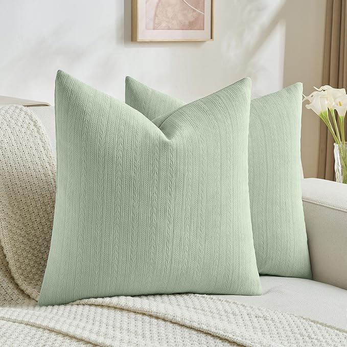 FUTEI Sage Green Decorative Throw Pillow Covers 20x20 Inch Set of 2,Soft Cozy Wheat Ear Striped Patterns Cushion Cases,Modern Home Decor for Couch Bed Living Room