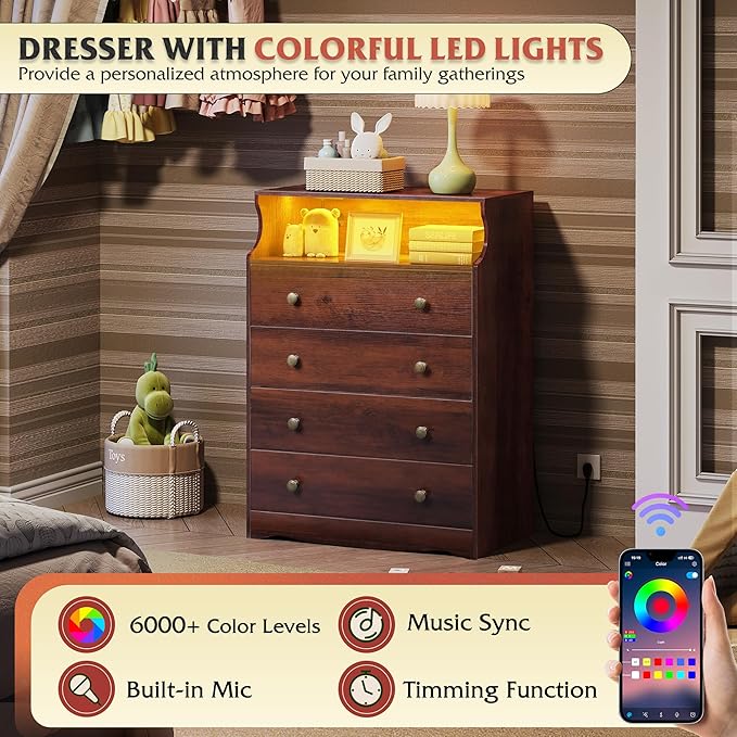 WLIVE Brown Dresser for Bedroom, Tall Wood Dresser with 4 Drawers and Open Shelf, LED Chest of Drawers with Charging Station and LED Lights for Living Room, Hallway, Closet, Rustic Brown