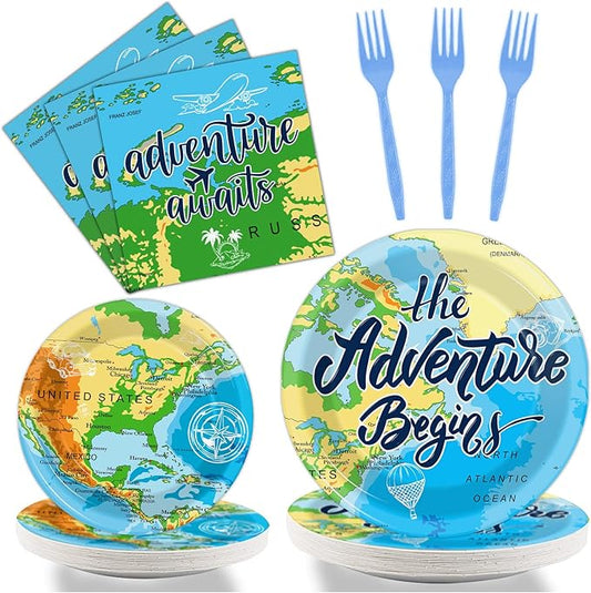 Wiooffen Adventure Awaits 96 Pcs Travel Map Party Supplies - 24 Guests - Blue, Word Map Plates, Napkins, Forks - Birthday Party Decoration