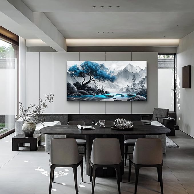 Lapremoly Large Canvas Wall Art For Living Room Wall Decor For Office Wall Decorations For Bedroom Black And White Painting Blue Tree Landscape Wall Pictures Hotel Artwork Posters Family Home Decor