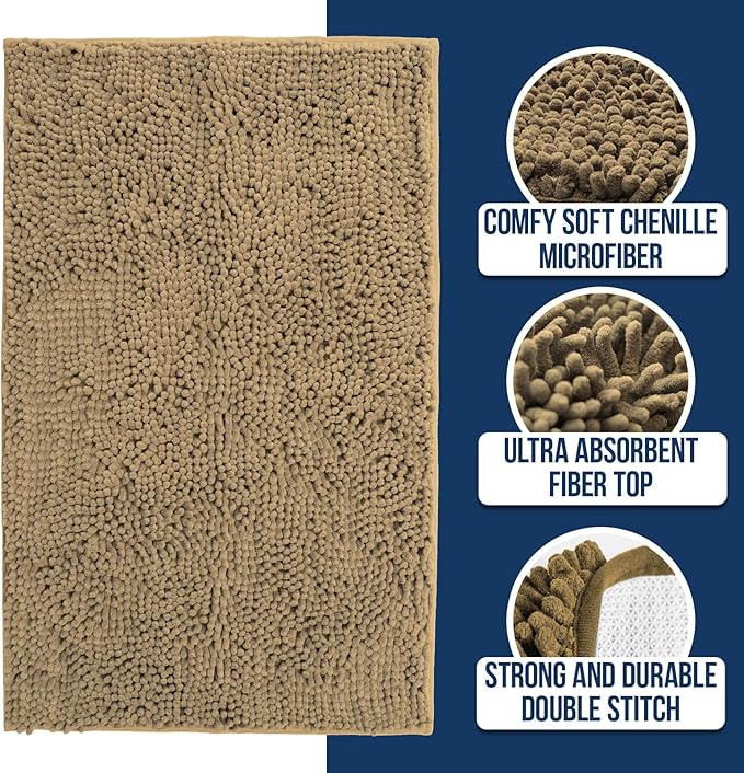 Muddy Mat Chenille Bathroom Rugs Quick Dry Microfiber Mats Non Slip Washable, Extra Thick, Soft and Highly Absorbent Bath Mats for Bathroom, Kitchen, and Shower Floor - Beige Medium 30"X19"