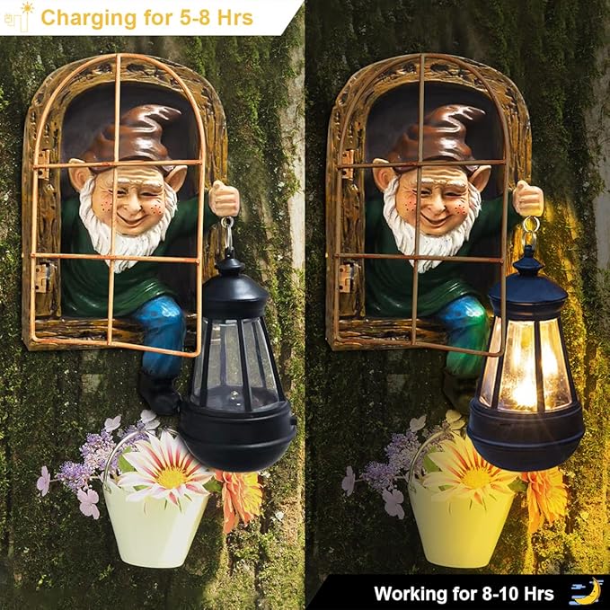 Whimsical Fairy Garden Gnomes with Solar Lights-10 Elf Out The Door Tree Hugger Garden Statues-Outdoor&Yard Decor-Tree Face Sculpture,Ideal Gnomes Yard Art for Patio,Wall，Yard