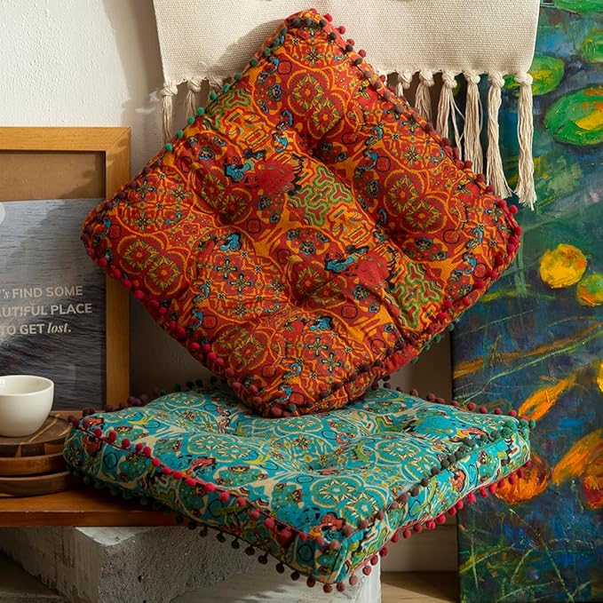 vctops Boho Cotton Linen Square Chair Seat Cushions for Dining Kitchen Office Chairs Super Soft Printed Chair Pads with Pompom Fringe (Blue,16"x16")