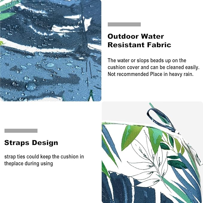 Set of 2 Outdoor Chair Cushions with Ties,Water Repellent Patio Chair Pads 17"x 16" for Outdoor Furniture,Round Corner Seat Cushions for Garden Yard Kitchen Islamorada Blue Green
