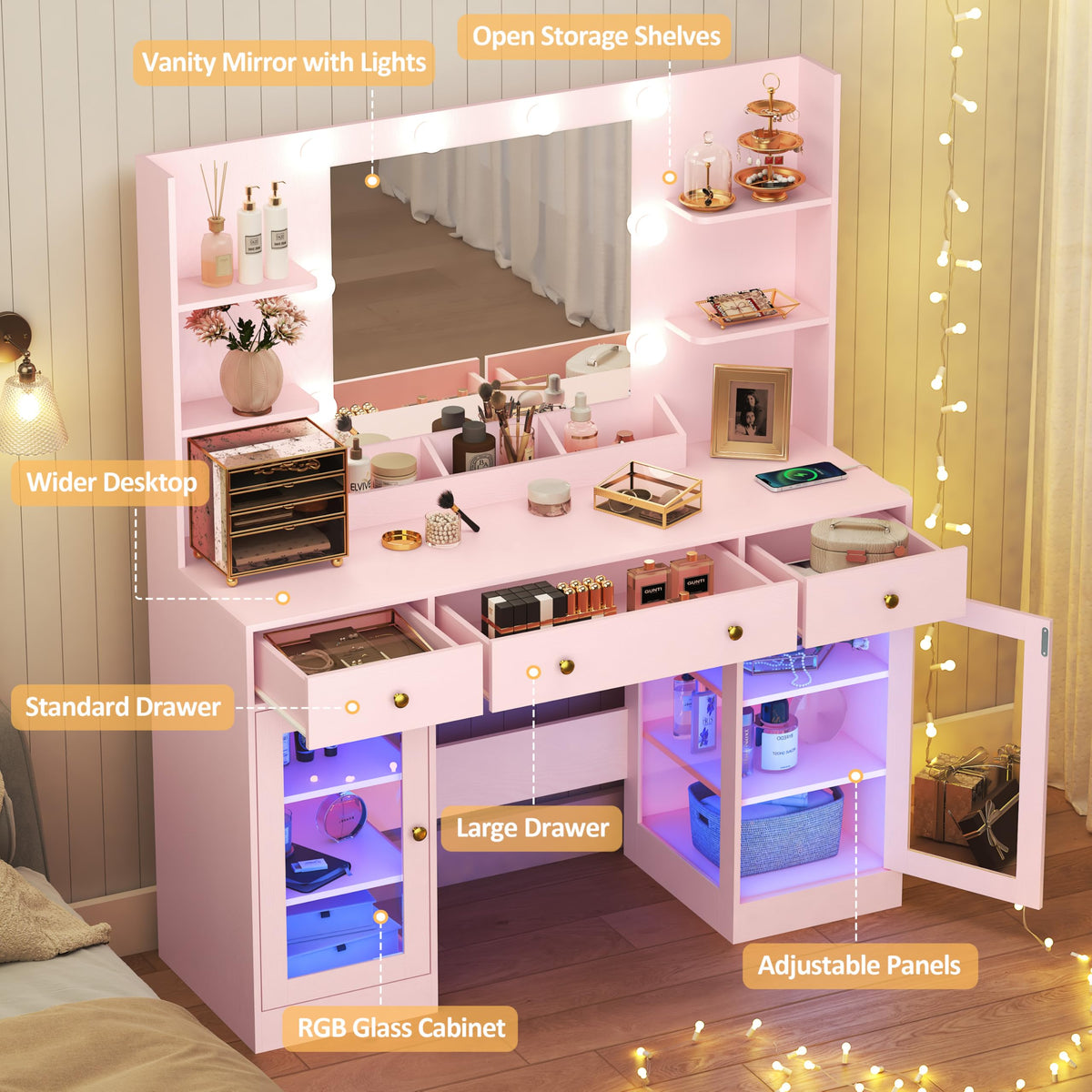 HUANLEGO Large Makeup Vanity Desk with Mirror and Lights, Pink