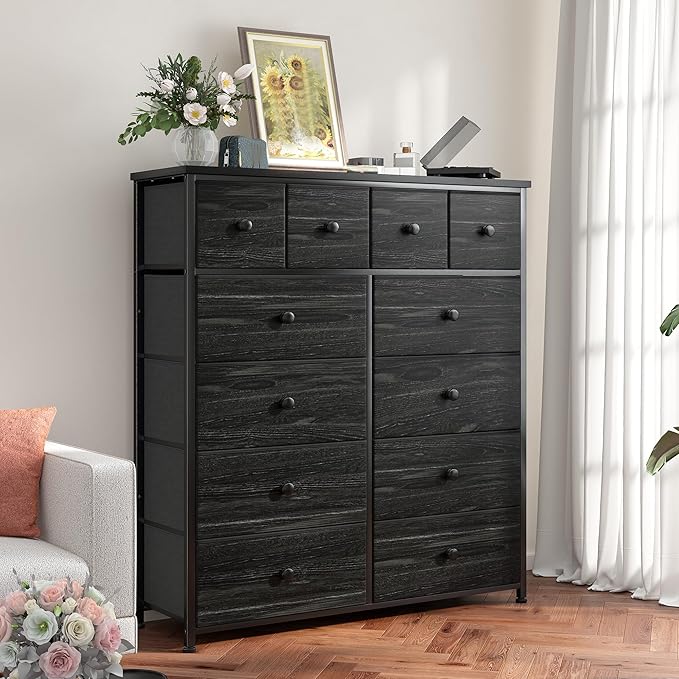 Dresser for Bedroom with 12 Drawers Tall Dressers for Bedroom Fabric Dressers & Chest of Drawers with Sturdy Metal Frame, Wood Top, for Woman, Closet, 40.6" W x 11.8" D x 44.5" H (Charcoal Black)