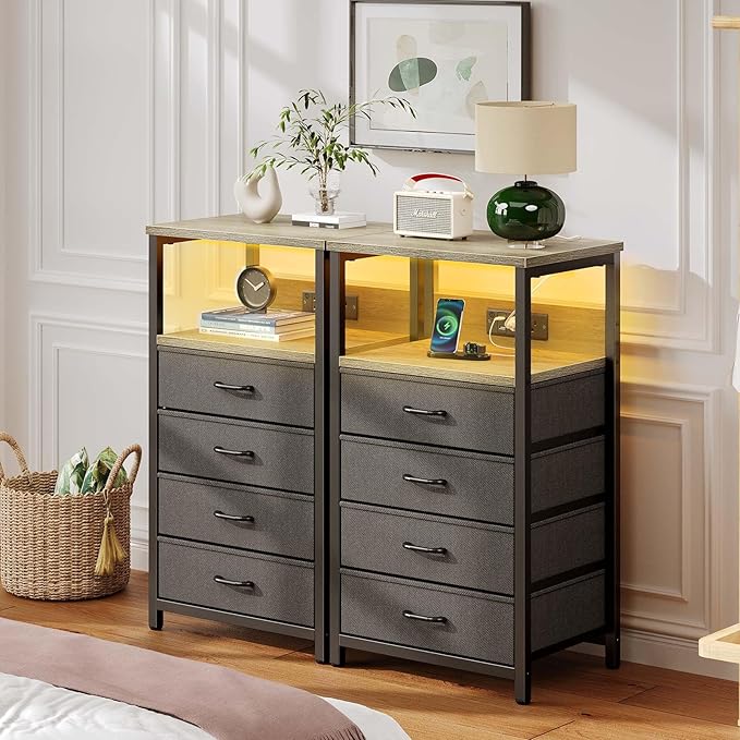 Seventable Night Stand with Charging Station, Tall Nightstand with 4 Fabric Storage Drawers, Side Table with LED Light for Bedroom, Entryway, Greige
