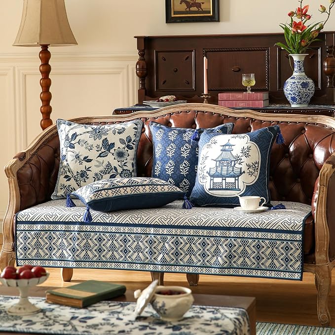 Porcelain Throw Pillow Covers Set of 4,Classic Chinoiserie Blue and White with Floral and Birds Pattern Linen Throw Pillowcases,Decorative Lumbar Square Cushion Covers for Couch Bed Car