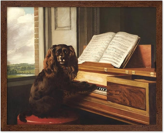 Poster Master Vintage Portrait of an Extraordinary Musical Dog Poster - Retro Dog Print - Puppy Art - Music Art - Piano Art - Animal Lover Art - Living Room or Office Decor, 16x20 Brown Framed