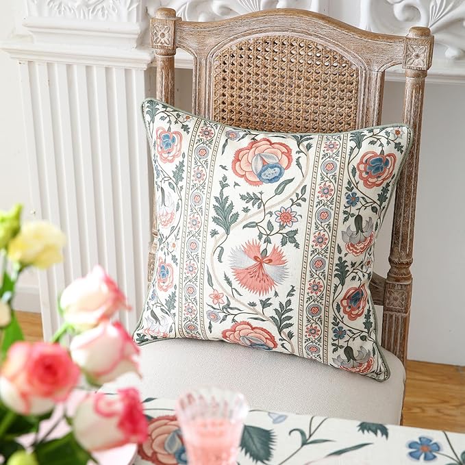 Design Square Retro Elegance Linen Throw Pillow Covers 18"x18" Pack of 2, Green Pink Floral Pattern Cushion Covers Decor Pillowcases for Bed,Living Room,Outdoor,Car