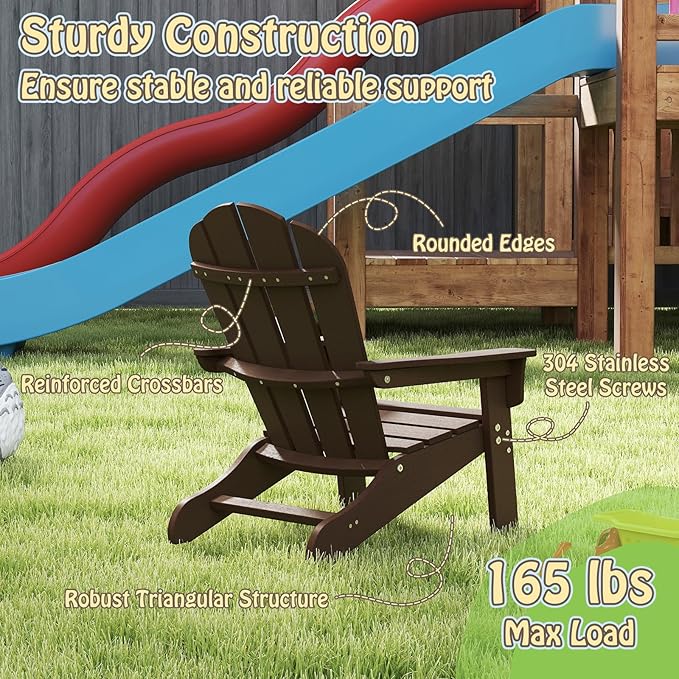 Giantex HDPE Kids Adirondack Chair - All-Weather Lawn Toddler Chair with Ergonomic Design, Children’s Outdoor Chair for Toddlers Ages 3-8, Kid’s Patio Furniture for Deck, Garden (1, Brown)