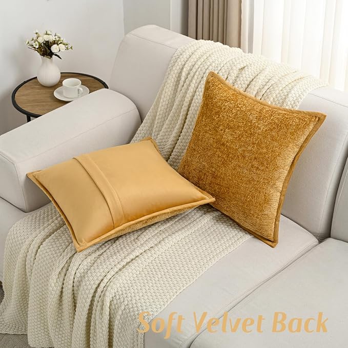 FUTEI Tobacco Chenille Throw Pillow Covers 22x22 Inch Set of 2,Soft Cozy Bound Edge Design Cushion Case,Home Decor for Couch Bed Living Room
