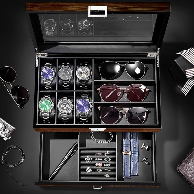 BEWISHOME High-End Watch Box, 6-Slot Watch Case and 3 Glasses Case, 2-Layer Wooden Mens Jewelry Box with Large Glass Lid, Luxury Watch Display Case for Men Watch Storage, PU Leather Interior, Brown