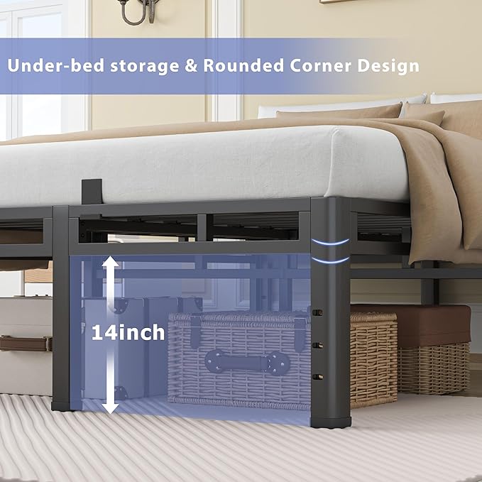 NKZ 18 Inch Full Size Bed Frame, Metal Bed Frame & Box Spring 2 in 1 Platform with Round Corner Legs, 4000Lbs Heavy Duty Metal Frame, Mattress Slide Stopper, Headboard Hole, Noise-Free, Easy Assembly