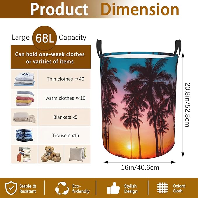 Laundry Hamper, Beach Palm Trees Sunset Landscape Laundry Basket,Waterproof Foldable Storage Bin for Bedroom,Clothes Organizer Basket,Toys Box 16x20 Inch